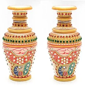 Craftam Marble Handicraft Decorative Flower Vase, Pot Emboss Meenakari Work Jewellery Design Showpieces (6 Inch , 2 Pcs )