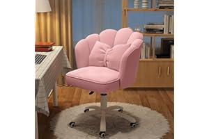 XUEGW Petal Desk Chair with Bow Cushion Velvet Vanity Chair with Wheels, Upholstered Home Office Chair for Girls Women, Mid-Back Swivel Computer Task Chairs for Living Room Bedroom