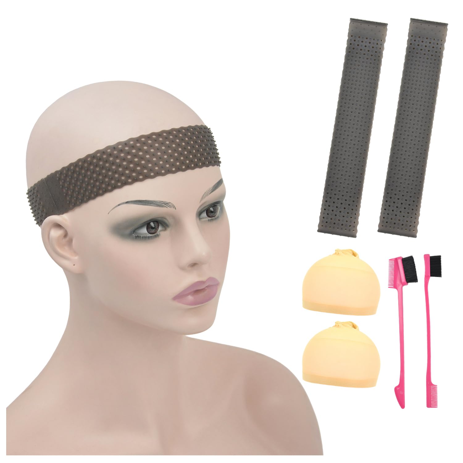 2 Pcs Breathable Silicone Wig Band Non Slip Elastic Grip Headbands With Stocking Caps and Hairbrush for Fixed Wig (Black) โ image 1