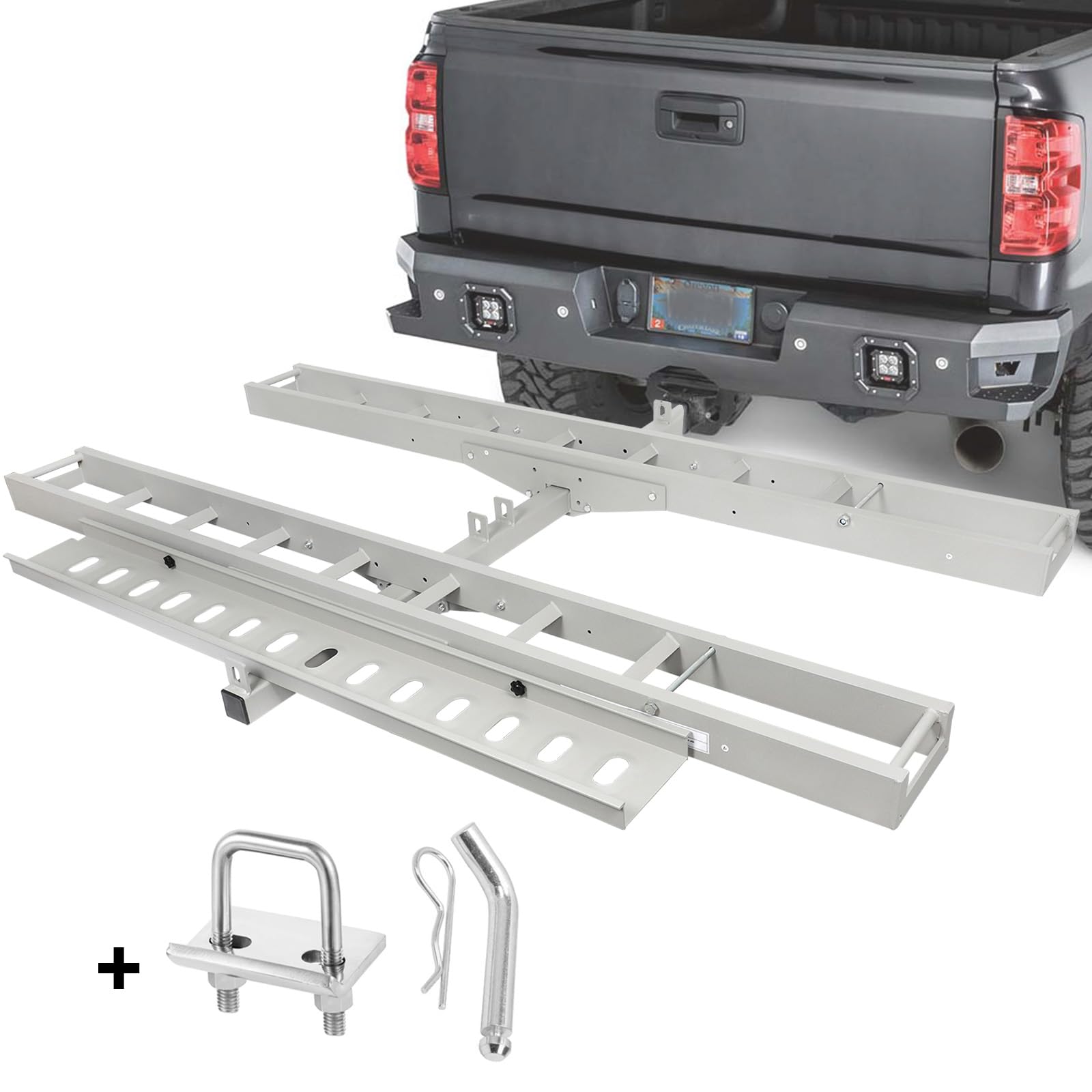 Photo 1 of OUTPRIZE Dual Motorcycle Hitch Carrier, Lightweight Robust Aluminum Dirt Bike Hitch Carrier with 4.4FT Longer Ramp, Fits 2" Receiver, 5.5" Wide Tire