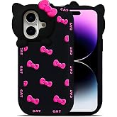 Snlmorela Cute Case for iPhone 17 6.1'', Black Kawaii Funny 3D Bow Cartoon Silicone Cat Phone case, Soft Shockproof Classic Protective Cover for Women Girls, and Kids