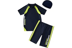 KID1234 Boys Swimsuits UPF50+UV Swimwear Set Two Piece Rash Guard with Hat for Kids 4-14 Years