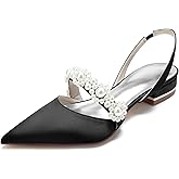 Women's Closed Toe Satin Pearl Wedding Flats Slingback Flats for Bride Prom Evening Bridal Party Dress Flats