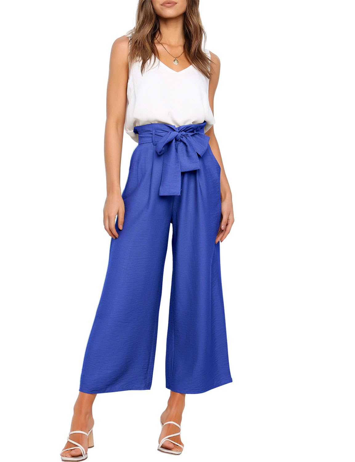 Photo 1 of FANCYINN Womens 2 Piece Crop Pants Set V Neck Tank Wide Strap Tops High Waisted Cropped Paper Bag Pants with Belt Royal Blue Pants & White Top XL