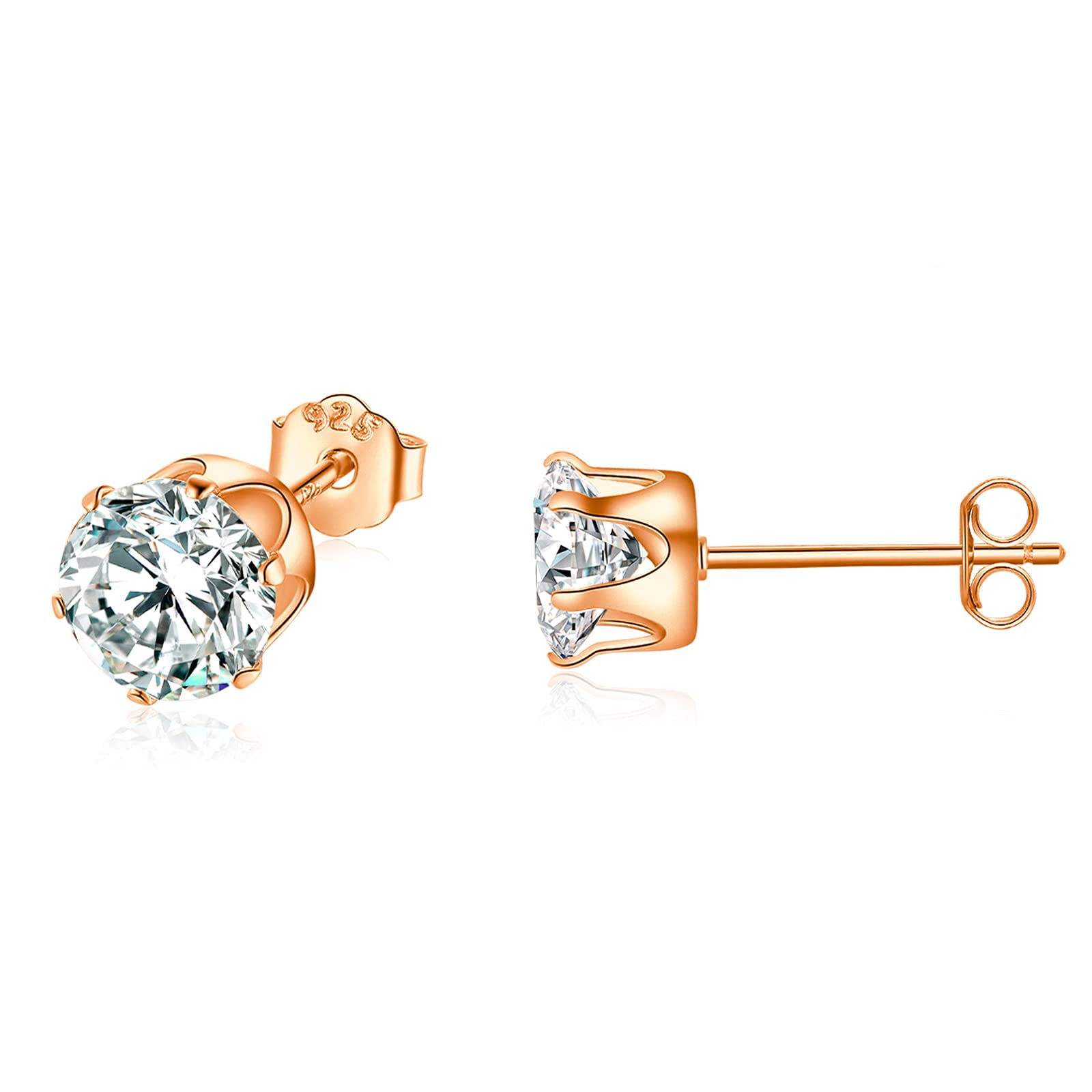Shuxin Silver Stud Earrings for Women, 925 Sterling Silver Rose Gold Cubic Zirconia Stud Earrings, 6mm Small Sleeper Cartilage Studs, Sterling Silver Stud Earrings for Women Men Girls Boys