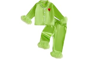GENERIC Kids Green 𝑷𝒂𝒋𝒂𝒎𝒂s Christmas Baby Green Satin Silk Button Down Shirts Jammies Xmas Matching 𝑷𝒋s Outfits Toddler