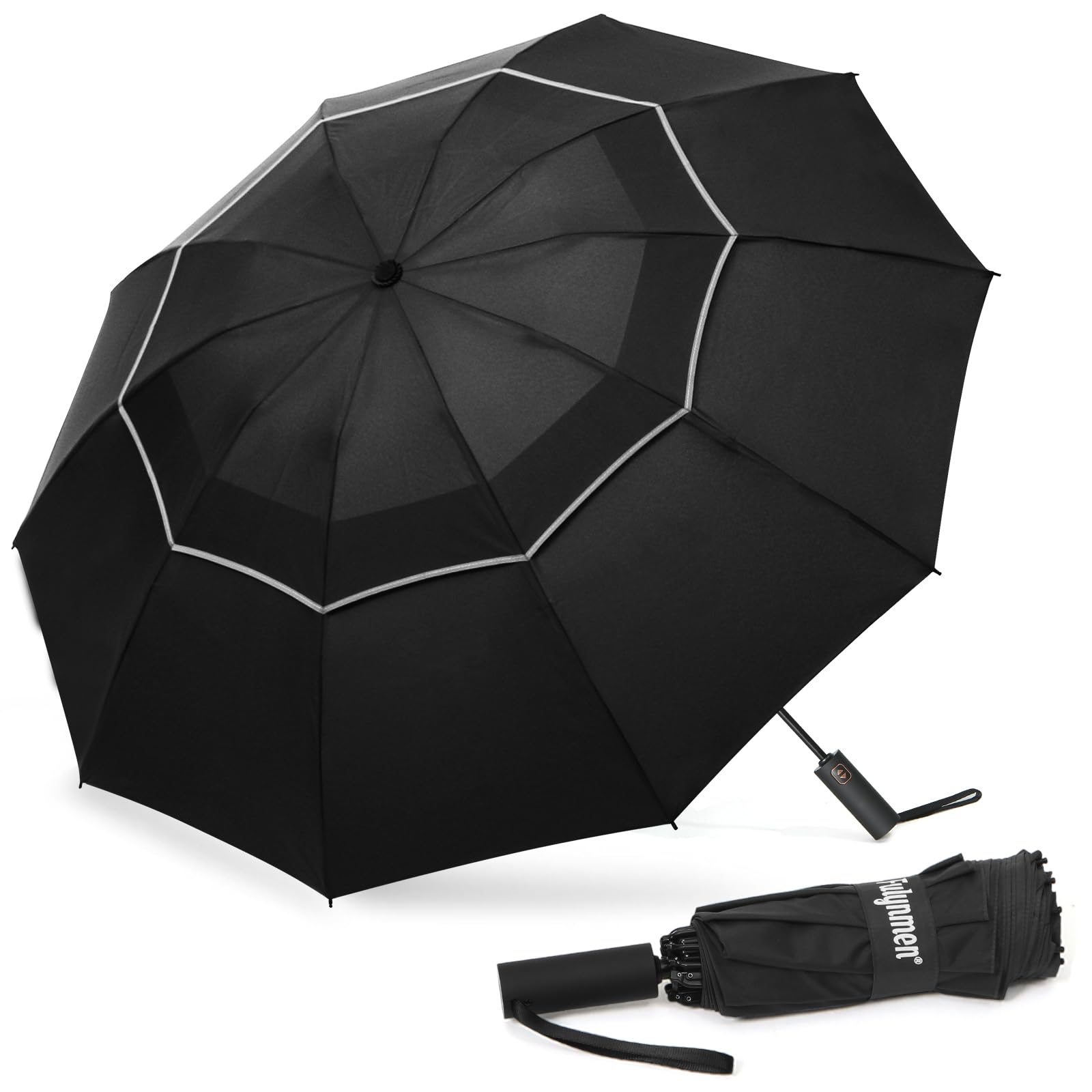Photo 1 of Fulynmen 62 Inch Large Travel Compact Umbrella Windproof Golf Umbrella Big Inverted Umbrellas for Rain with 10 Ribs Double Canopy Vented Automatic Open Close Reflective Stripe Black