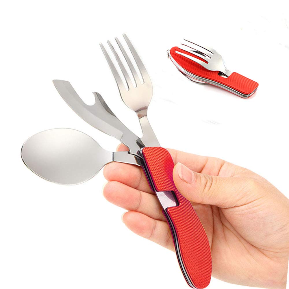 Senven 4-piece Stainless Steel Camping Cutlery Set with Aluminium Alloy Handle - Foldable, Lightweight, Portable, Red
