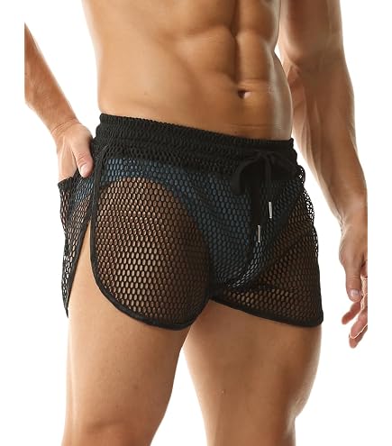 Ozmmyan Men's Sexy Underwear Breathable Mesh Boxer Briefs Trunks See Through Fishnet Hollow Out Lingerie Booty Shorts (Black,Medium) at Amazon Men's Clothing store
