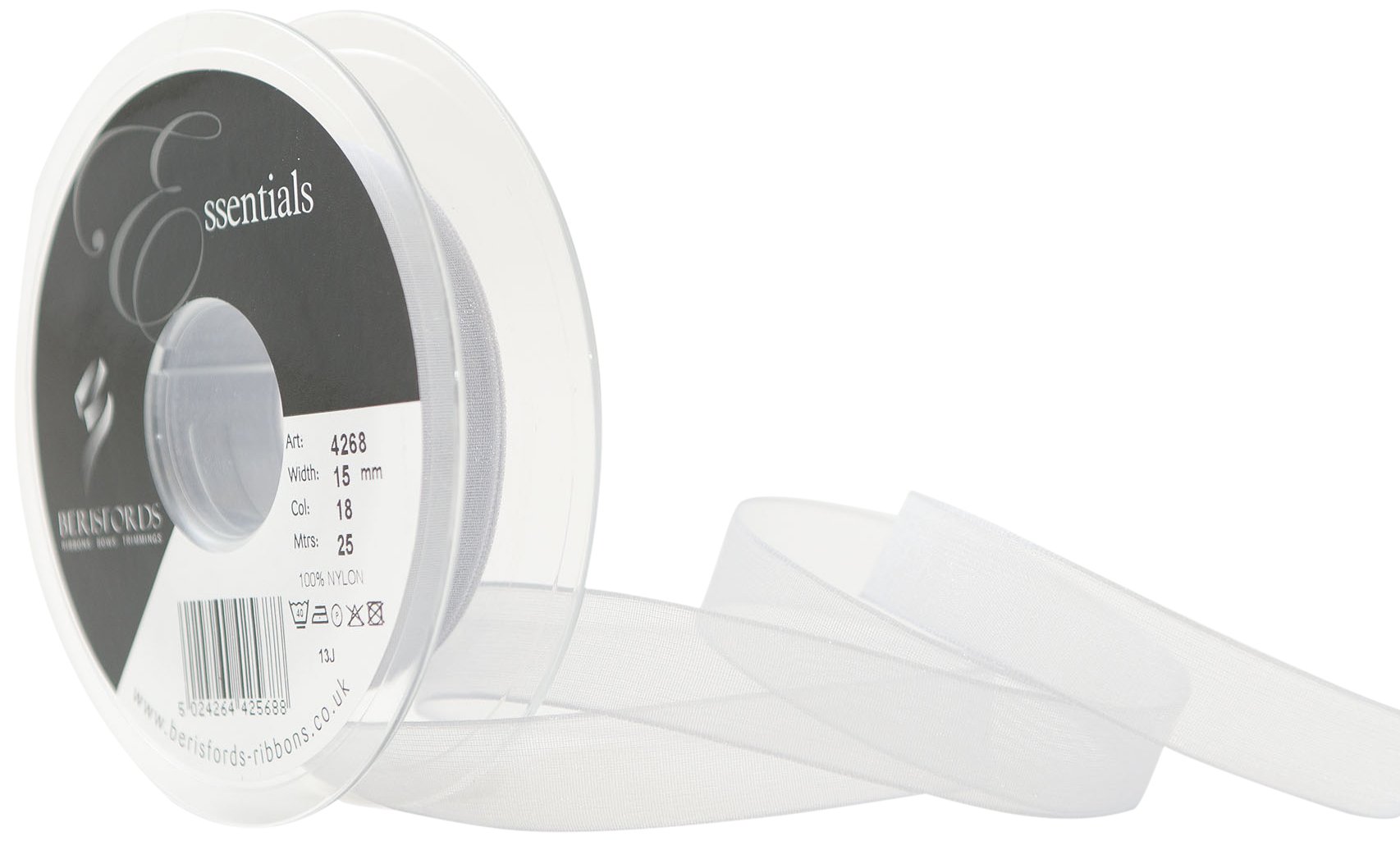 Berisfords 15 mm Super Sheer Ribbon, Silver Grey