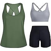 HUSKARY 3 Piece Tankini Swimsuits for Women Swim Tank Top with Bra and High Waist Boy Shorts with Pockets