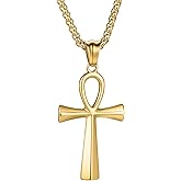 Ankh Cross Necklace, Key of Life Pendant with 24 Inch or 22+2 Inch Chain, Ancient Egyptian Coptic Cross Religious Jewelry, Powerful Protection Amulet for Men & Women, Stainless Steel Silver/Black/Gold