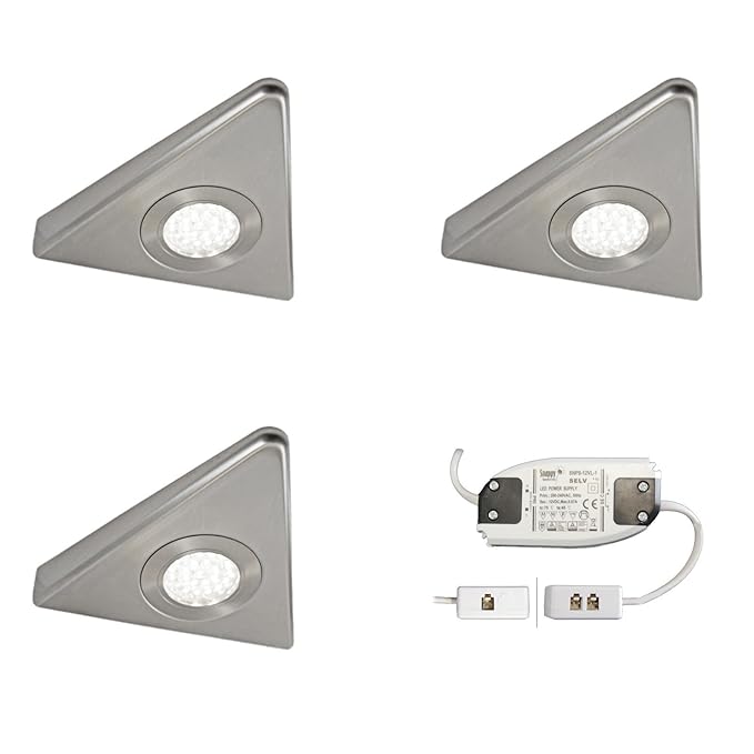 3x KITCHEN UNDER CUPBOARD LED SLIM TRIANGLE LIGHT KIT STAINLESS