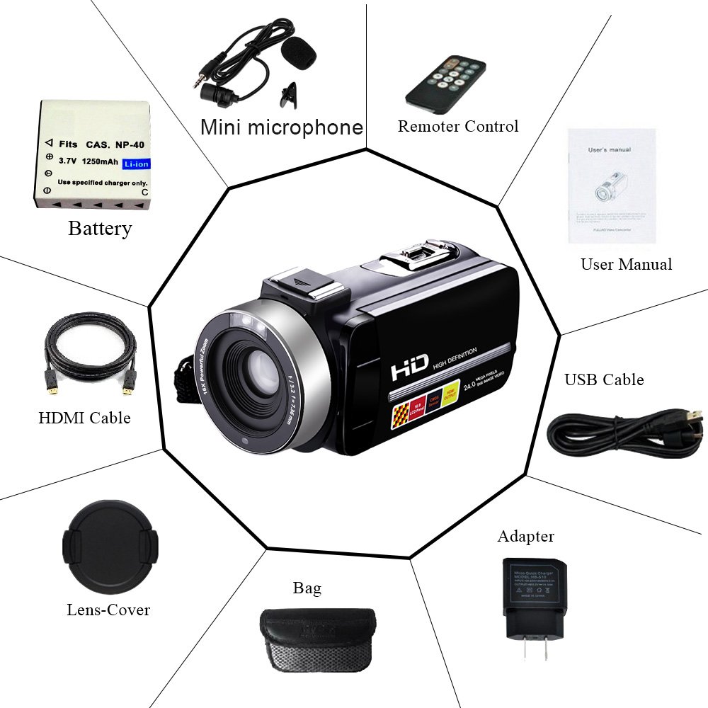 COMI Camcorder With MIC Night Vision Camera Full HD 24.0MP 1080p Webcam 3” Touchscreen Digital Video Recorder External Microphone (HDV-M61-FBA)