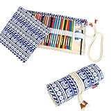 Damero Canvas Pencil Wrap Case, Pencils Roll Hold for 72 Colored Pencils (NO Pencils included), Retro Elephant, 72 Holes