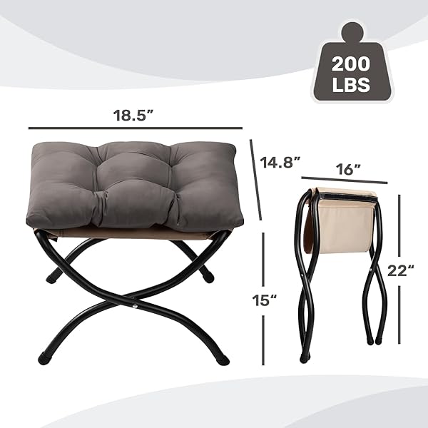 HOLLYHOME 15″(H) FOLDING FOOTREST STOOL, UPHOLSTERED SMALL FOLDABLE OTTOMAN, ACCENT PADDED SOFA FOOT STOOL FOR LAZY CHAIR, METAL FRAME PORTABLE FOOT REST OTTOMAN FOR LIVING ROOM, BEDROOM, DARK GREY