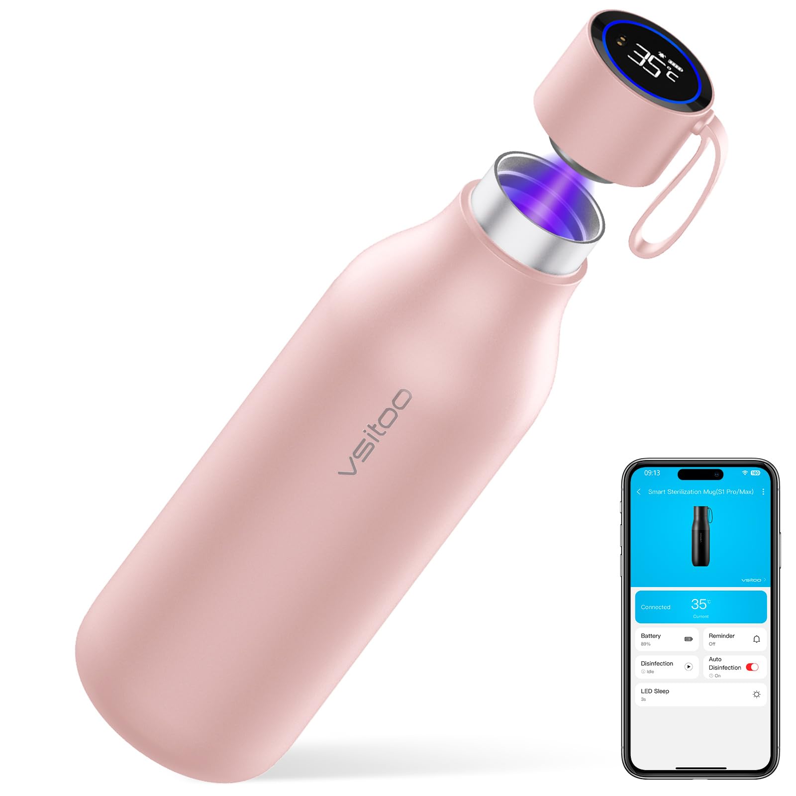 Photo 1 of VSITOO 33oz Smart Self Cleaning Water Bottle - Insulated Water Bottle with Stainless Steel, BPA-Free, One-Touch Clean, 30-Day Battery, Magnetic Charging for Travel, Gym or Office, Pink