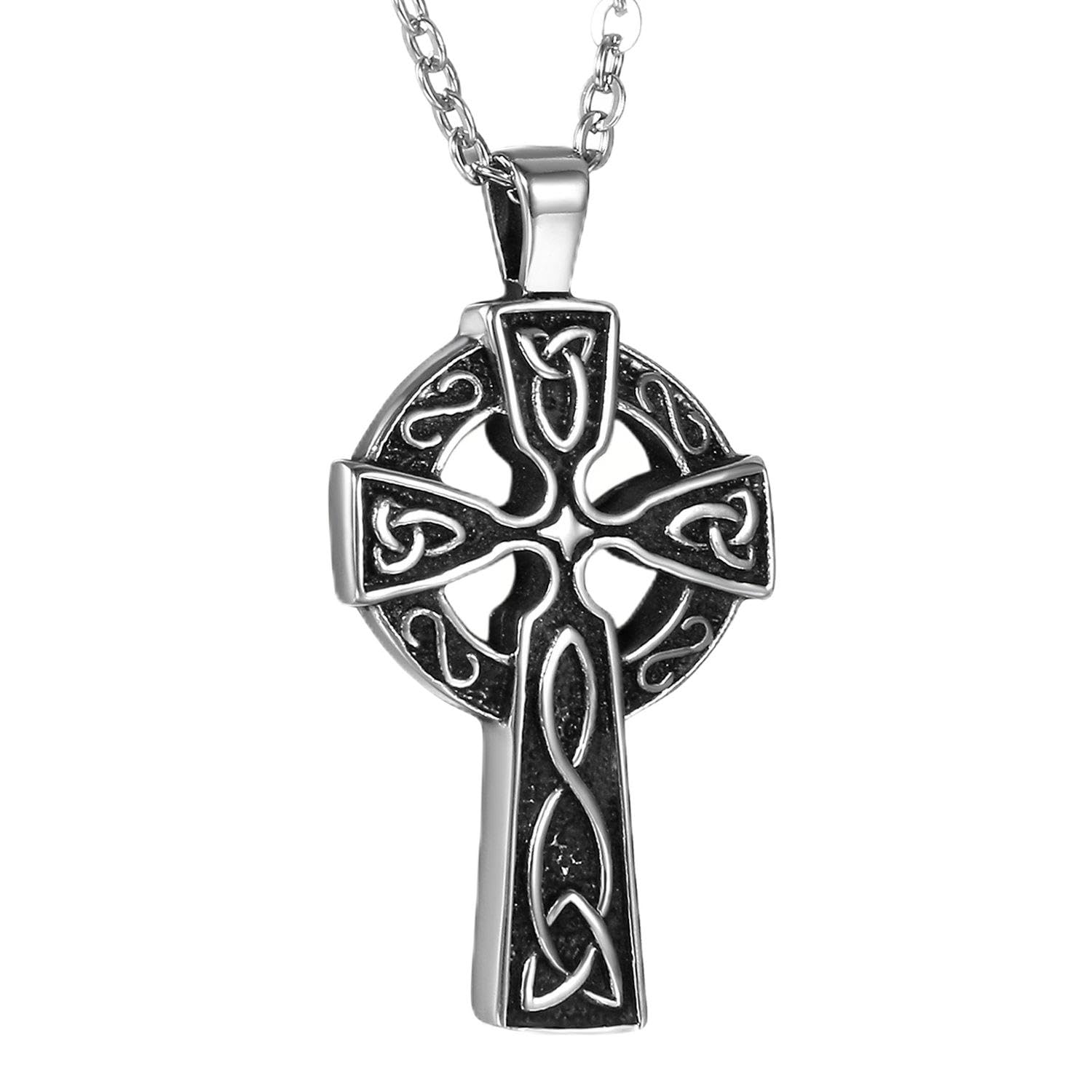 Oidea Stainless Steel Vintage Handmade Mens Gothic Celtic Irish Knot Cross Pendant Necklace Silver Black Two Tone