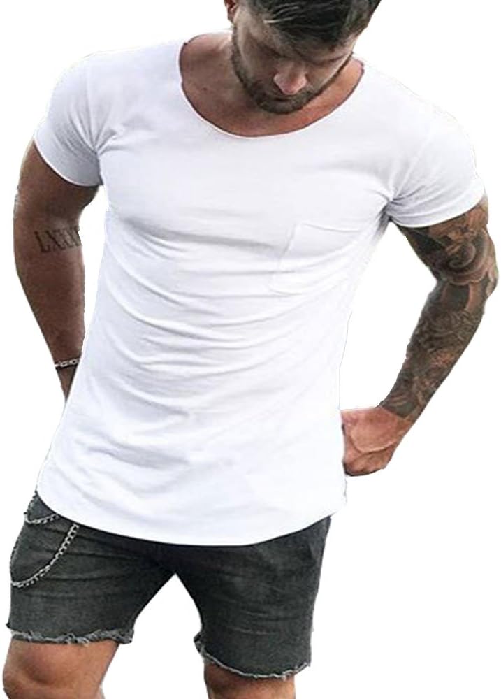 EVERWORTH Men's Basic Short Sleeve Hipster Hip Hop Shirts Slim Fit Round Hemline Longline T-Shirts