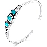 DOLIOX Genuine 3 Turquoise Stone Leaf Bracelet, Sterling Silver Native American Boho Adjustable Western Bangle Cuff Jewelry for Women, Fit for 6.5 7 7.5 Inches