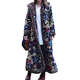 LZJN Women's Warm Overcoat Floral Print Long Jacket Cotton Linen Vintage PatchworkThin Cotton Hooded Winter Quilted