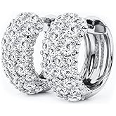 White Gold Plated 925 Sterling Silver Hoop Earrings Flower Set 3d Fully Iced Cubic Zirconia CZ 12mm Unisex Ice Out Huggie Small Sparkle Silver Hoop Earrings Fine Jewelry Birthday Gifts for Men,Women
