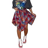 ALLUMK Women Casual Plaid Print Irregular Hem Mini Skirts High Waist A-Line Skirts with Belt