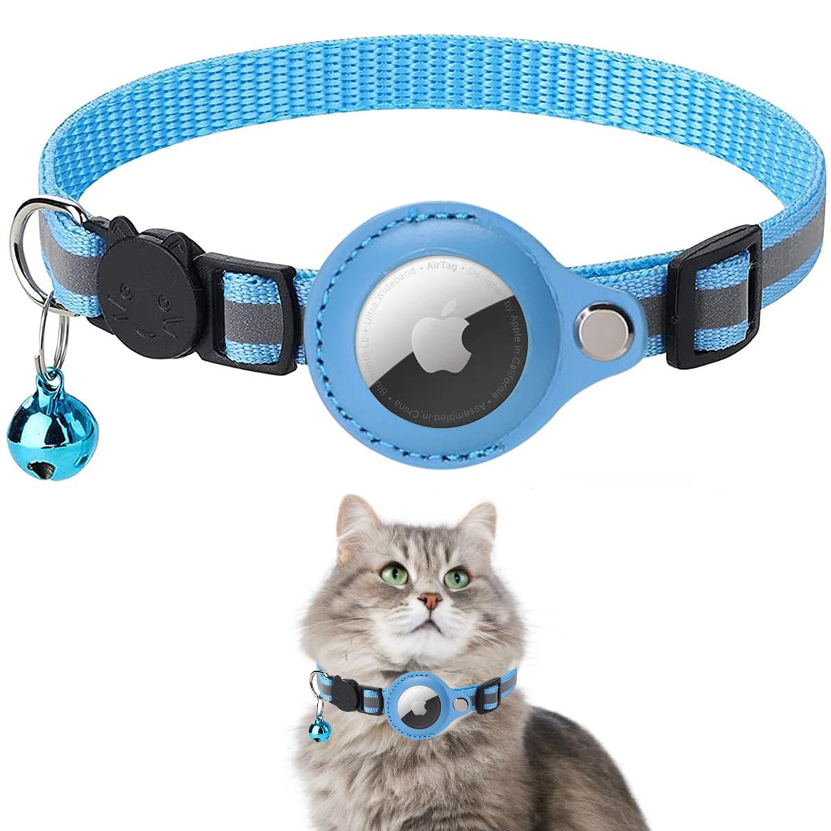 Airtag Cat Collar, Air tag Cat Collar with Bell and Safety Buckle in 3/8" Width, Reflective Collar with Waterproof Airtag Holder Compatible with Apple Airtag for Cat Dog Kitten Puppy (Blue B)