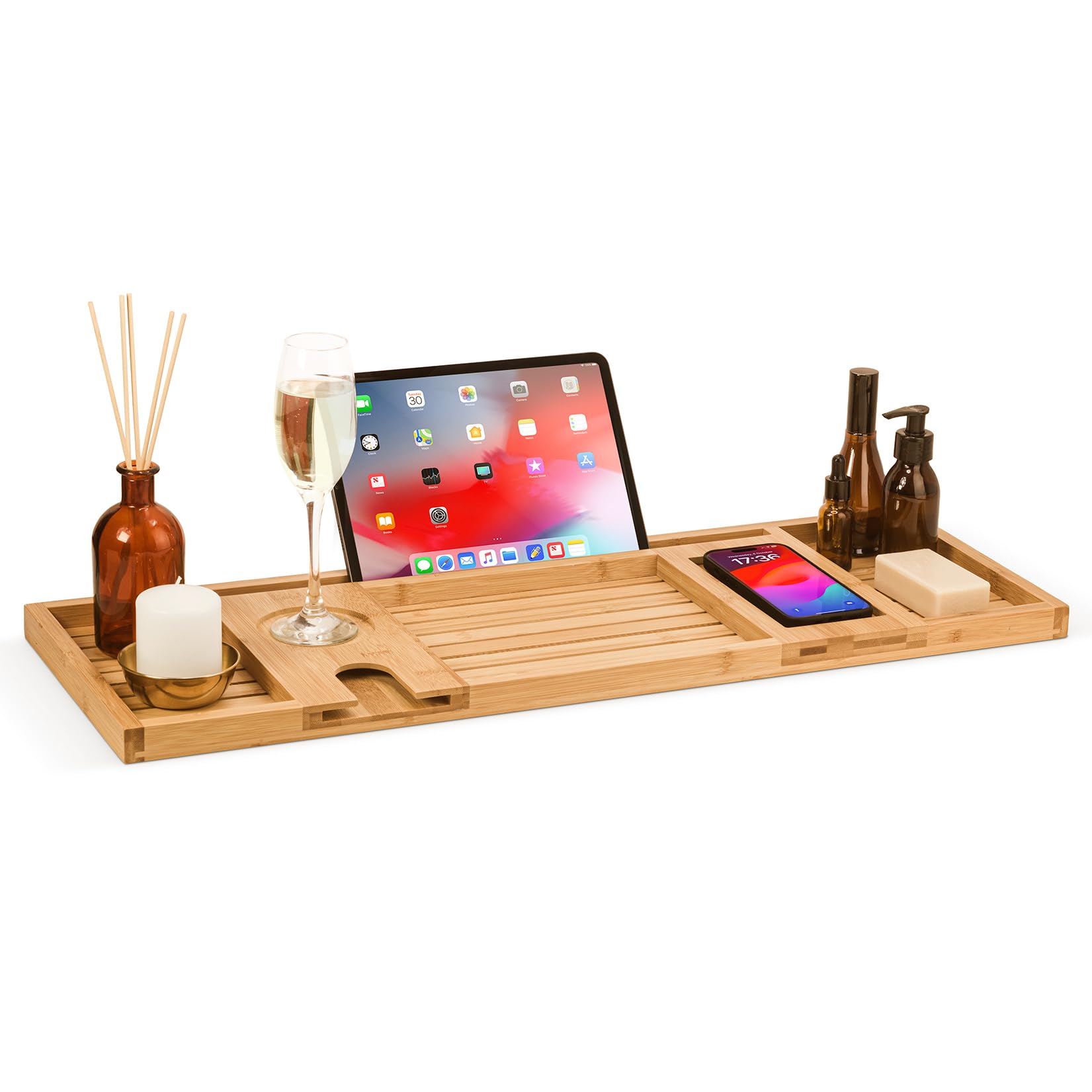 Woodluv Bath Tray Bath Caddy for Bathtub With Slot For iPad, Kindle,Towel, Candle, Phone, Wine Glass Holder or Soap, Bath Table Tray Over tub Bathroom Accessories