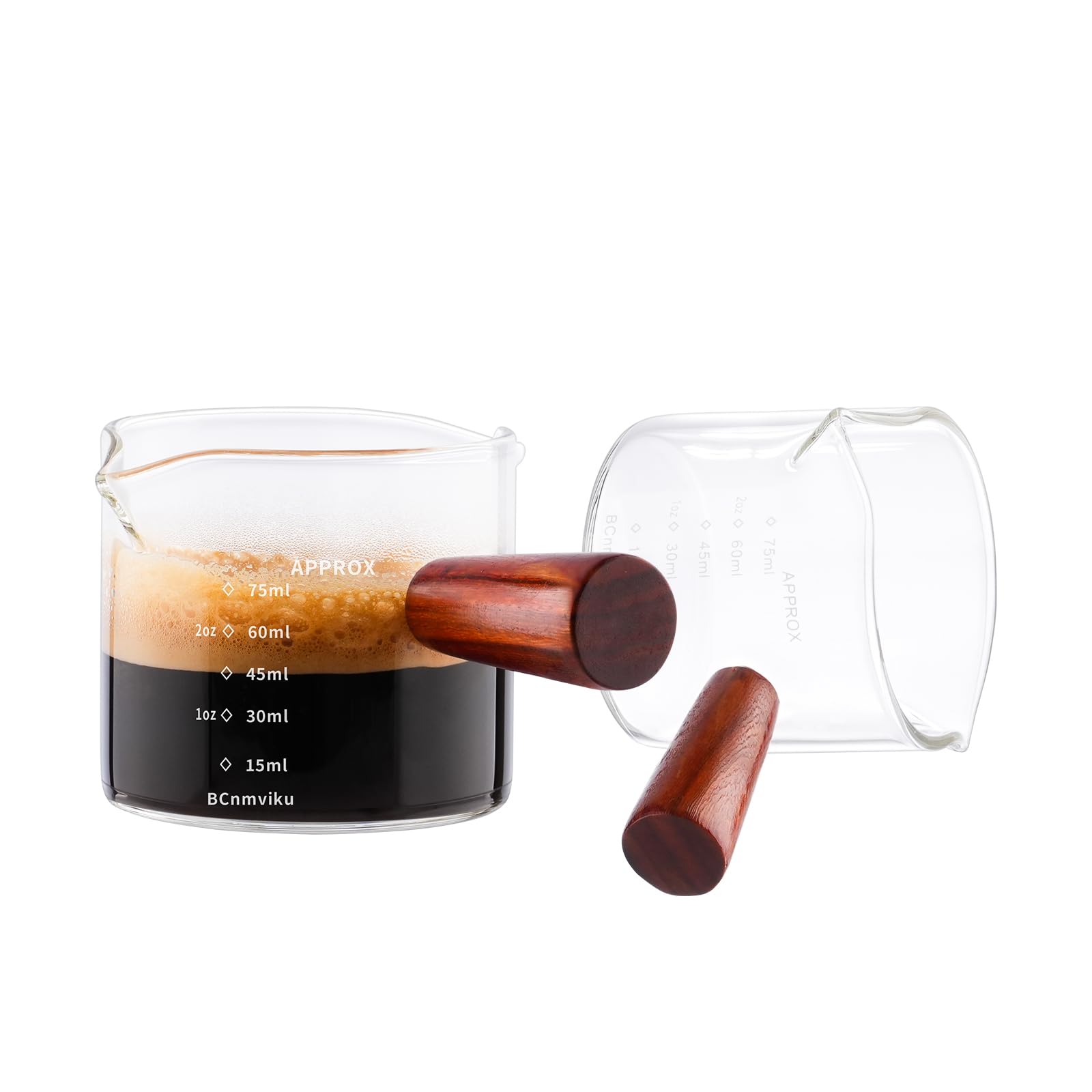 Double Spouts Measuring Triple Pitcher Milk Cup with Wood Handle 75ML Espresso Shot Glasses Parts Clear Glass by BCnmviku (2)