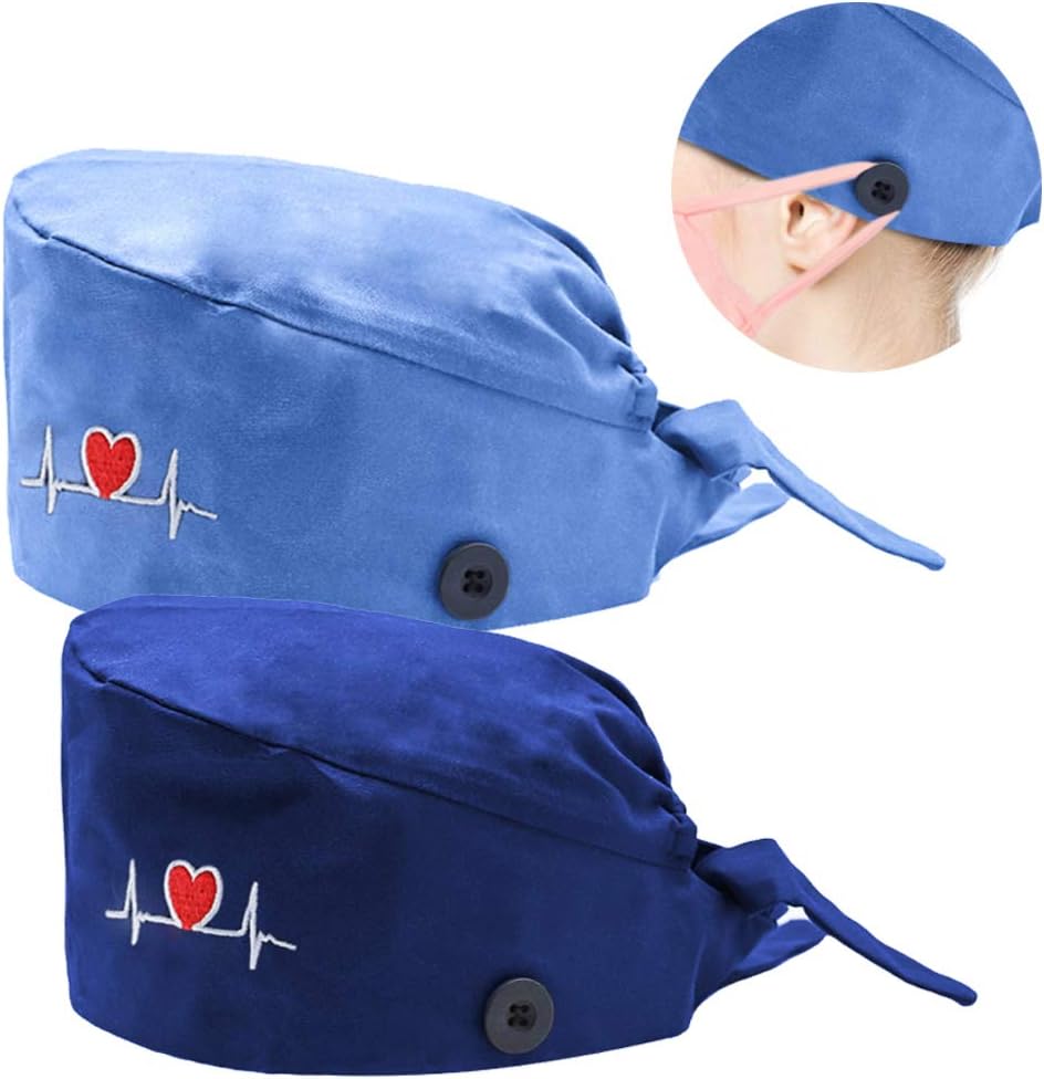 Hotme Surgical Scrub Cap with Buttons for Mask Sweatband Adjustable Medical Doctors Nurses Bouffant Hats for Women Men