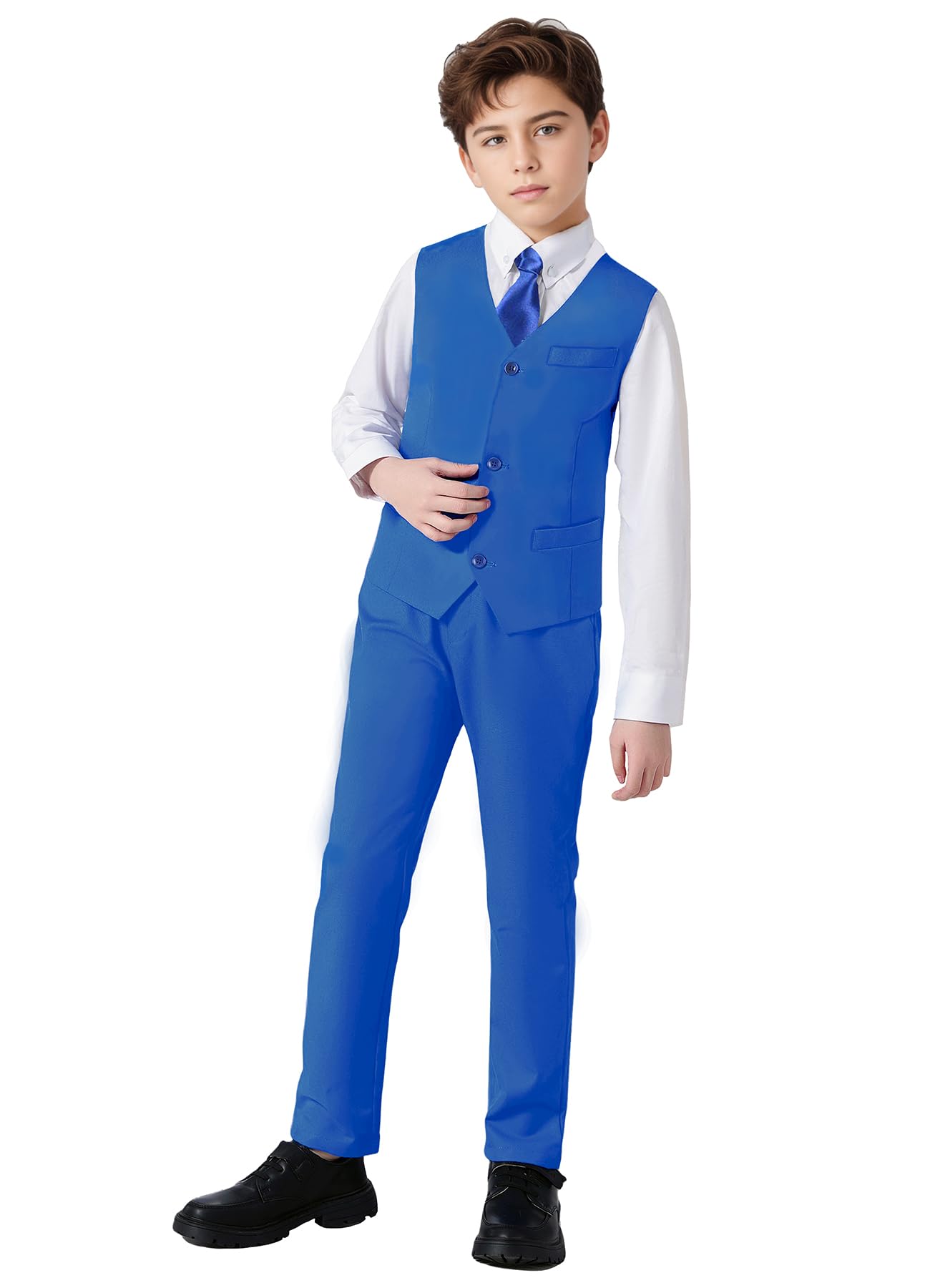 Addneo Boys Easter Outfits Kids Suits for Big Boy with Pants Vest White Dress Shirt and Tie Royal Blue Size 8 Image