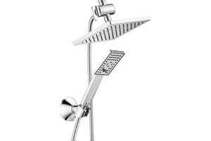 BRIGHT SHOWERS Rain Shower Head with Handheld Spray, 8 Inch High Pressure Rainfall Shower Head Combo with 60” Hose, Adjustable Dual Square Showerhead with 3-Way Diverter, Wall Bracket, Chrome