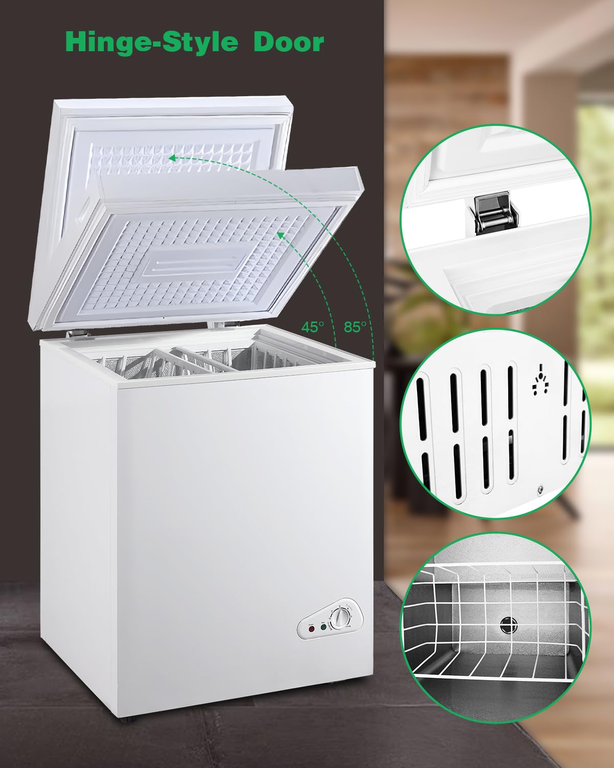 5.0 Cu.Ft Chest Freezer, Deep Freezer with a Removable Basket 6 Gears Adjustable Temperature Control(-18°F to 50°F), Deep Compact Freezer for Kitchen, House, Office, Garage, Shop, RVs-White