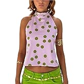 Juakoso Women Graphic Sleeveless Mock Neck Tank Top Backless Floral Print Halter Top Trendy Polka Dot Blouse Vacation Clothes
