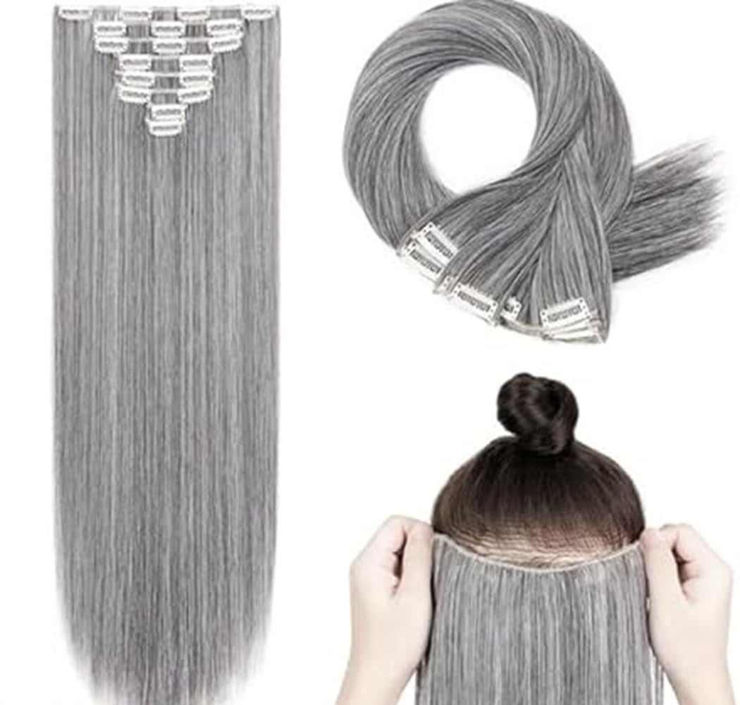 Clip In Human Hair Synthetic Full Head Hair Extension Highlights Streaks (Grey Straight, Full Head) — image 1