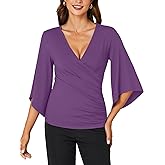 KIFOVEN Women’s 3/4 Bell Sleeve Tee Shirt Deep V Neck Wrap Ruched Slim Fit T Shirt Blouse Top