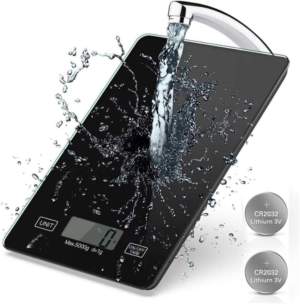 Inroserm Digitale Küchenwaage, 5kg (1-g-genau) Digitalwaage elektronische Waage Digital Küchenwaagen Haushaltswaage Hochpräzise aus Sicherheitsglas mit LCD Display, Tara-Funktion (Schwarz)