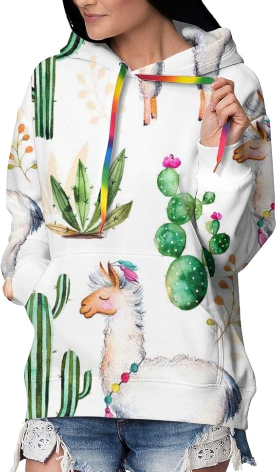 Amazon Co Jp サボテンとラマ レディースパーカー 長袖 プルオーバー ロングパーカー カジュアル 可愛い スウェット 裏起毛 春秋冬 フード付き 通学 出行 服 ファッション小物