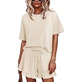 Tankaneo Womens Pajamas Set Lounge Sets Cropped Short Sleeve T Shirts Drawstring Ruffle Shorts Soft Sleepwear