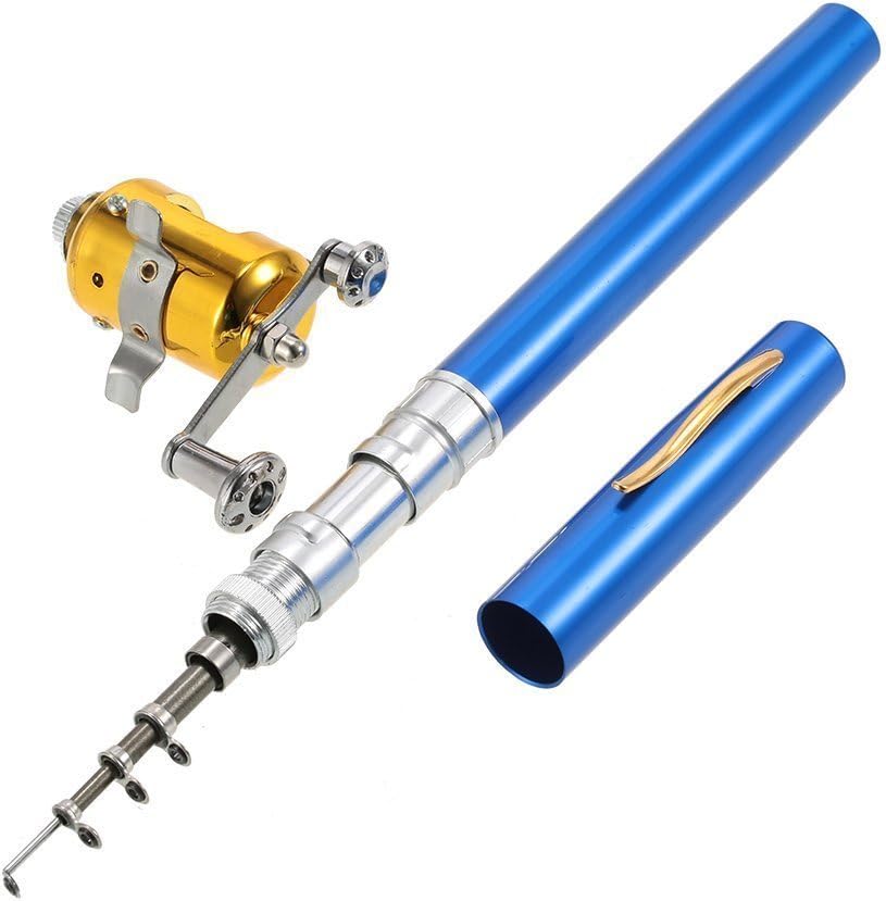 Jatzde LIXIANGNAN Mini Portable Pocket Fish Rod Pen Aluminum Alloy Fishing Rod Pole Reel Combos (Blue)