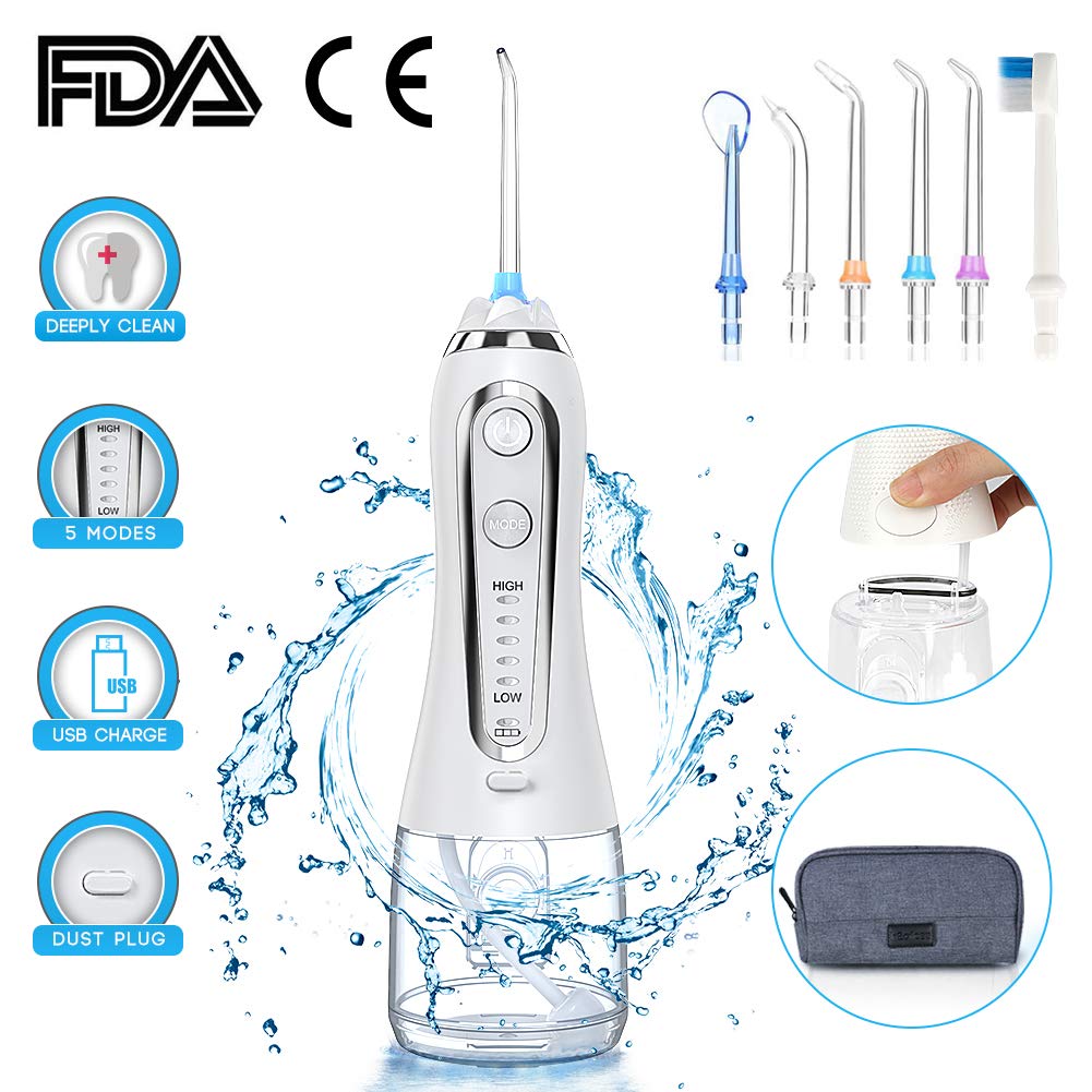 Irrigador Bucal Portátil con 6 Boquillas, Multifuncional 300ml Irrigador Dental, Profesional IPX7 Impermeable Limpieza de Dientes de Ortodoncia y Dientes de Implante, Lavado Pulsado de Dientes