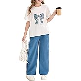 Verdusa Girl's 2 Piece Coquette Outfits Bow Rhinestone T Shirt and Striped Pants Comfy Sets