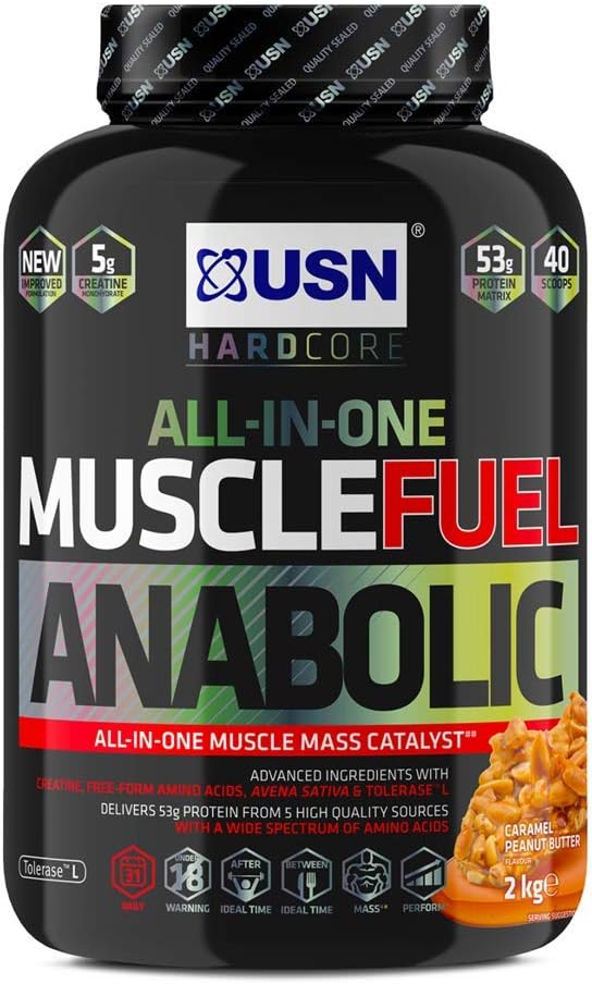 USN Muscle Fuel Anabolic Caramel Peanut 2KG, Workout Boosting All in One Muscle Gain Protein Shake Powder