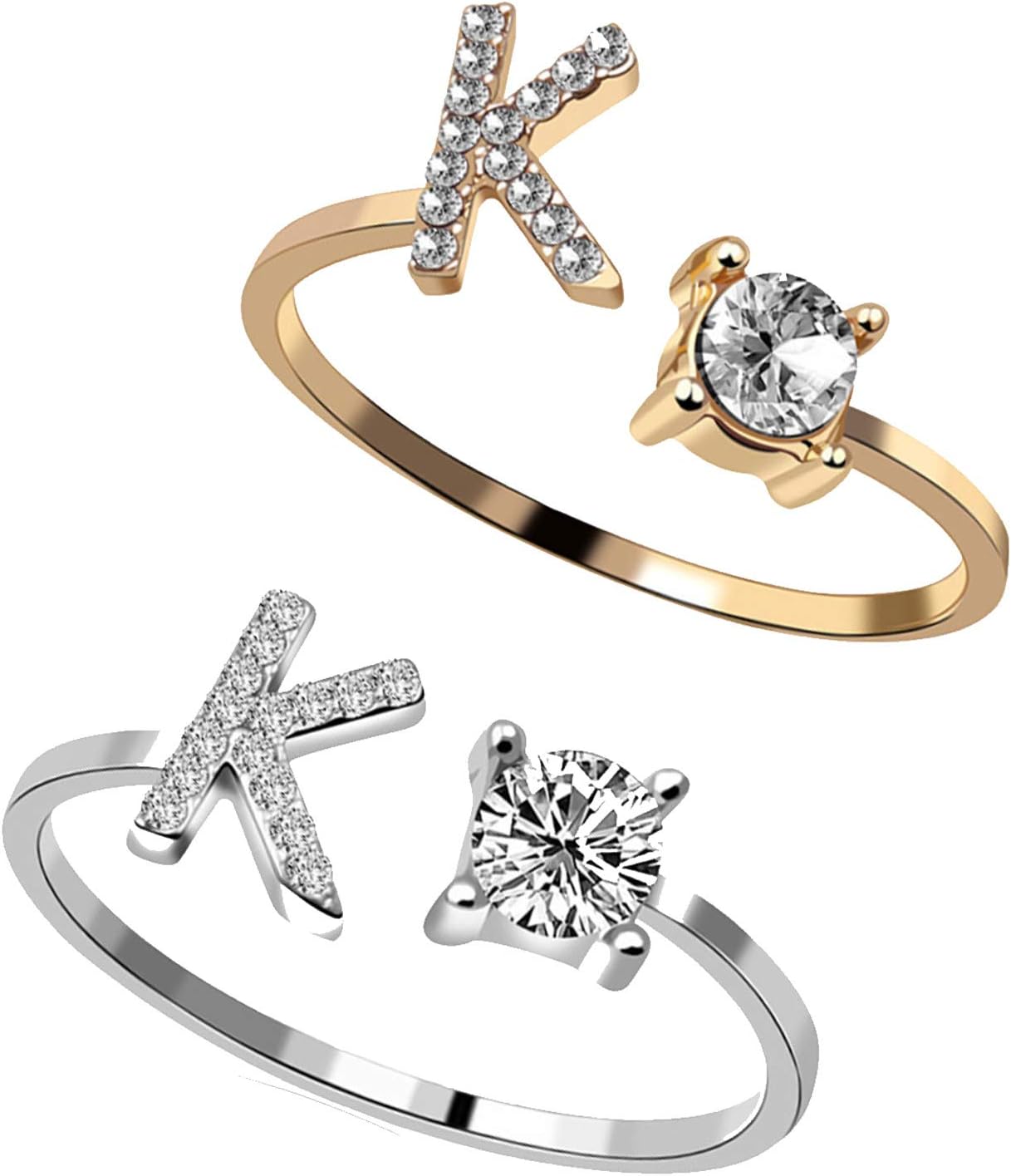 RINHOO2PC/Set Initial Letter Alphabet Knuckle Rings A-Z Silver and Gold Crystal Adjustable Finger Ring for Women Girl Jewelry