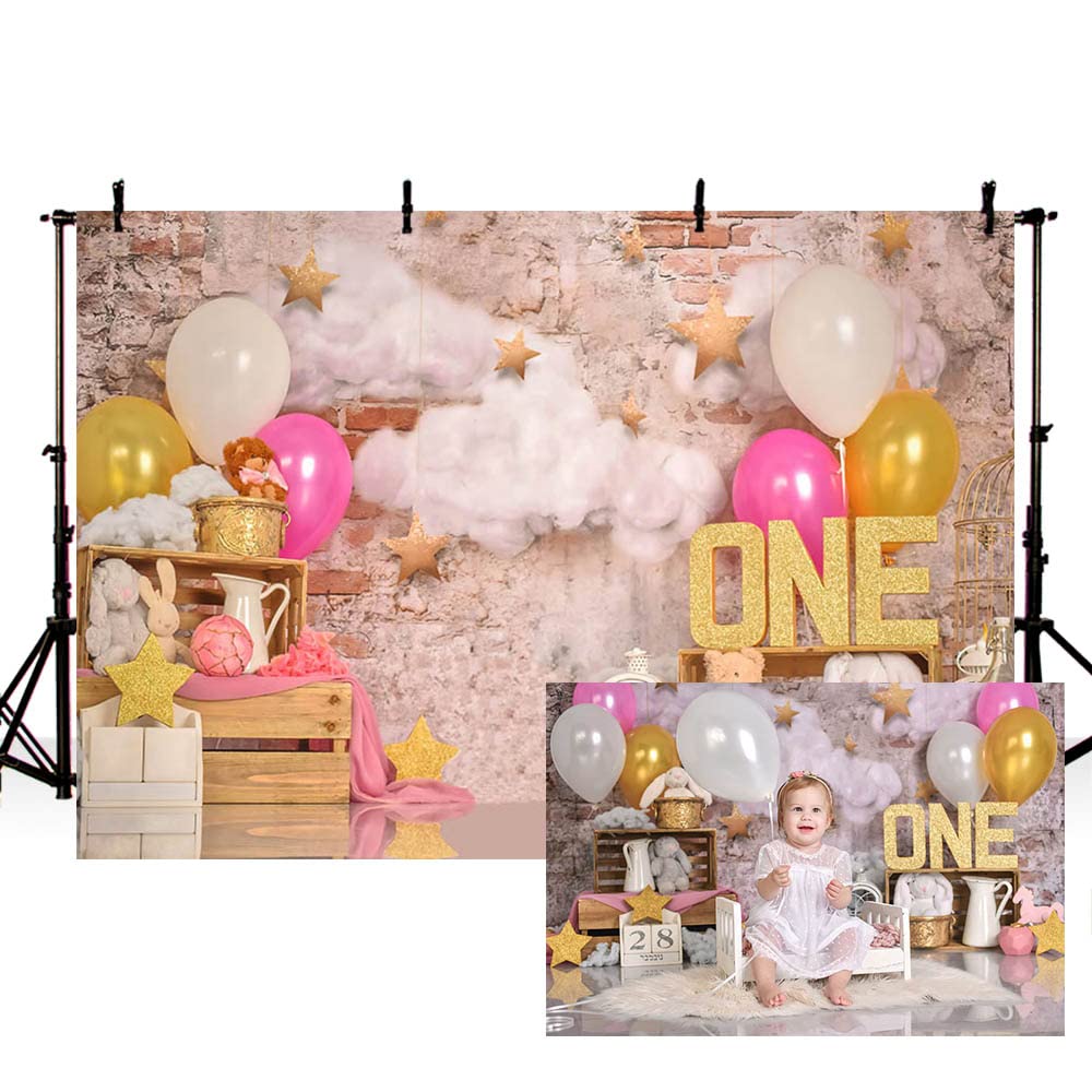 MEHOFOND 8x6ft Pink Princess Happy 1st Birthday Party Background Kid Girl Balloon Bunny Gold Star Brick Wall Photography Backdrop Photo Shoot Decor Banner Portrait Photo Booth Props Supplies