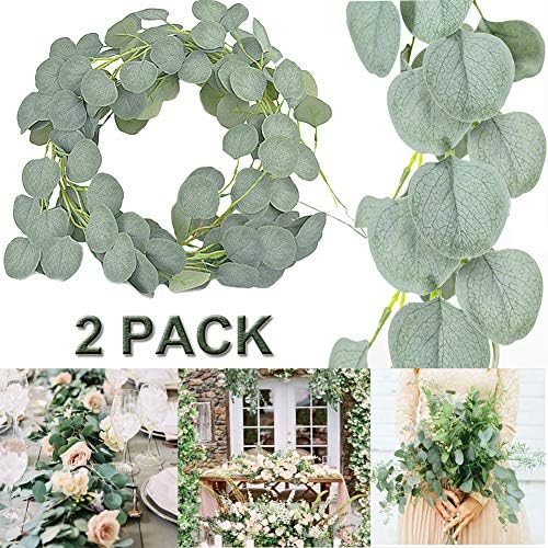 ZISUEX 2 Pack Total 13.2 FT Fuax Eucalyptus Leaves Garland Greenery Garland Home Decor Backdrop Spring Fake Leaves Vine Garland Silver Dollar Hanging Artificial Flowers Backdrop for Wedding Table Wall