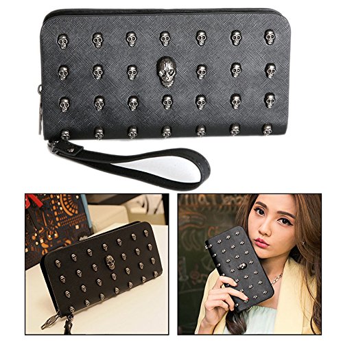 OFKPO Faux PU Leather Long Zipper Wallet Purse with Skull Plated for Women (Black)