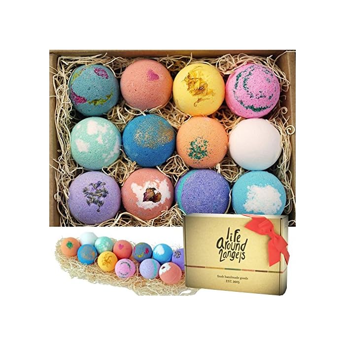 LifeAround2Angels Bath Bombs Gift Set 12 USA made Fizzies, Shea & Coco Butter Dry Skin Moisturize, Perfect for Bubble…