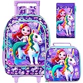ZLYERT 18" Unicorn Rolling Backpack for Girls, Kids School Backpacks with Wheels, 3Pcs Mermaid Roller Bookbag with Lunch Box for Preschool Toddler Elementary(Purple)